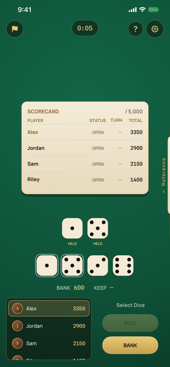 5000/10000 dice game in Shuffle & Roll Online — scorecard, six dice, and roll or bank choice