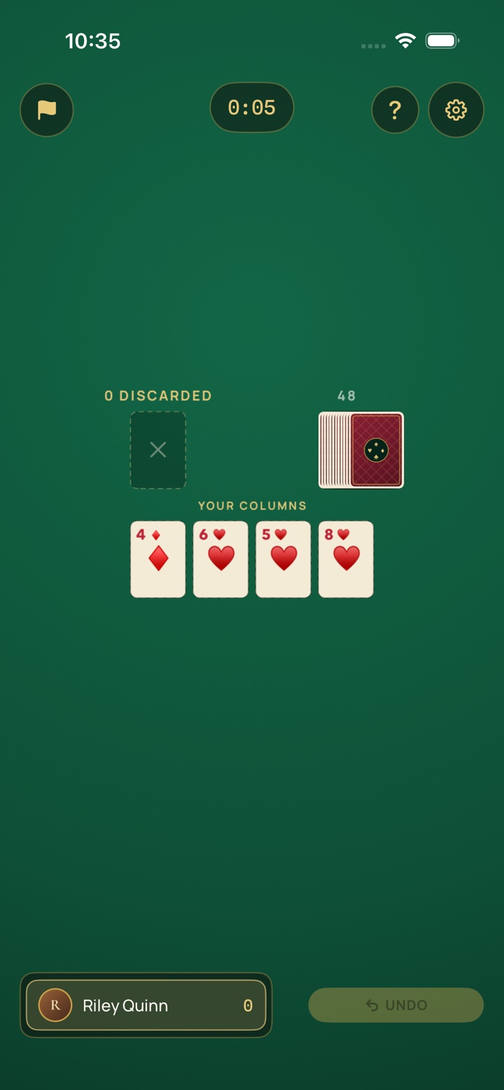 Aces Up solitaire — four columns racing to discard everything but the aces