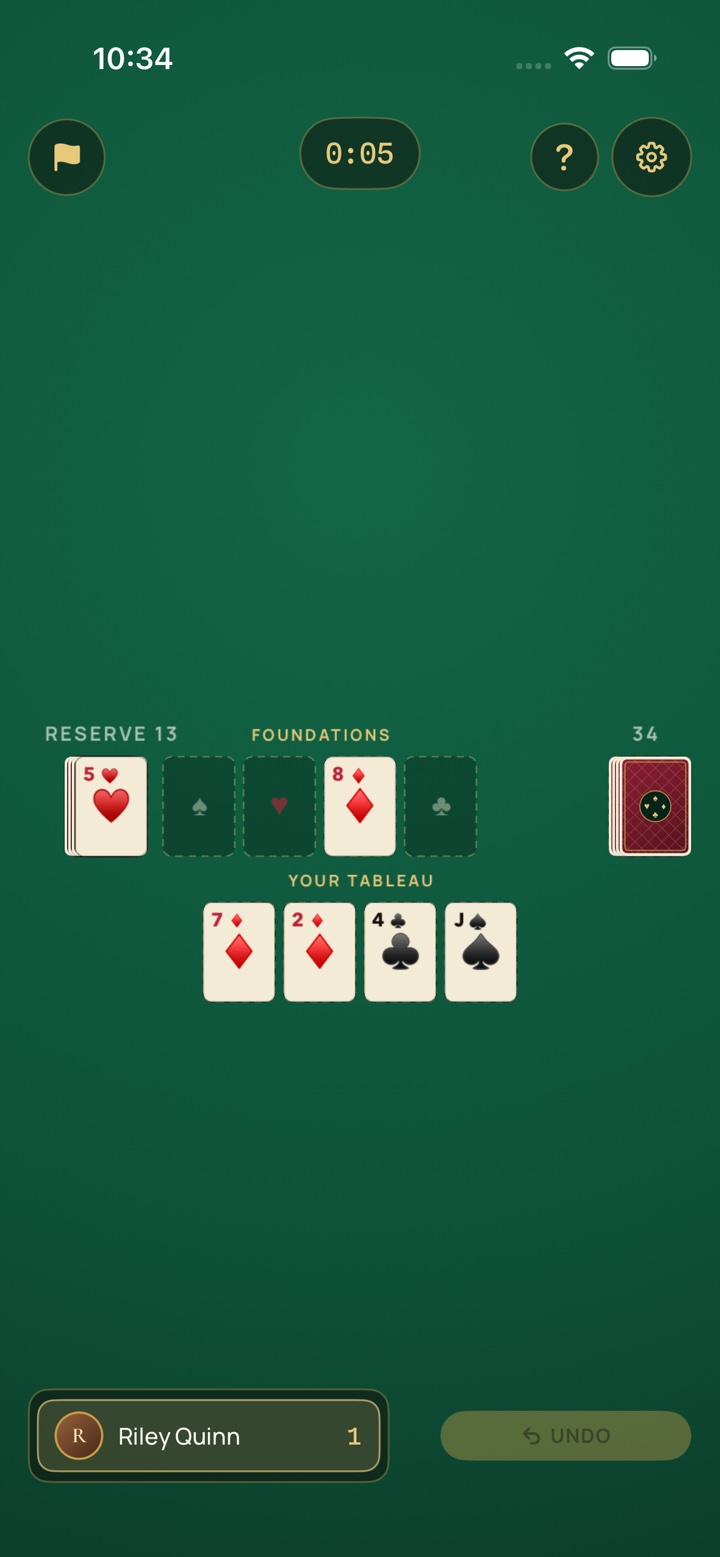 Canfield solitaire — the thirteen-card reserve, four foundations, and stock over four columns