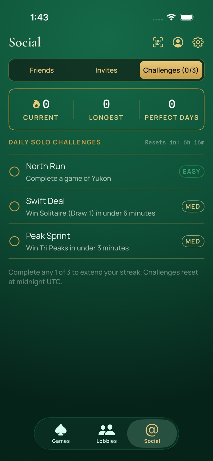 Challenge streak screen in Shuffle & Roll Online showing current streak, longest streak, and perfect days