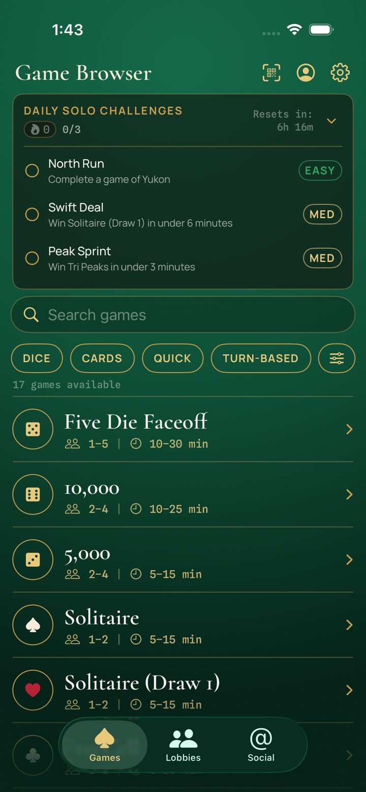 Daily Challenges card with three solo challenges and the reset countdown