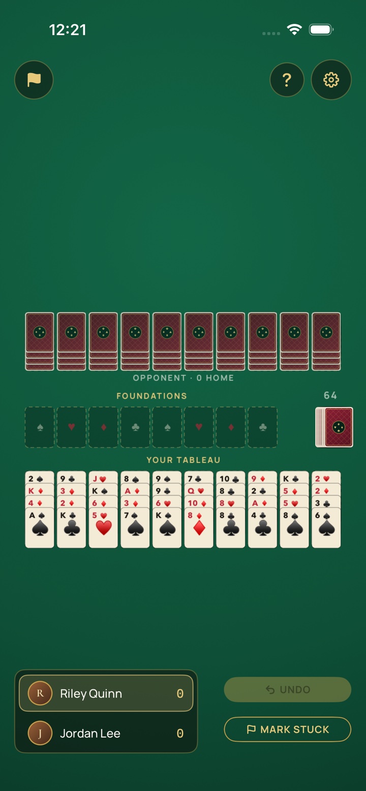 Double Forty Thieves head-to-head — the opponent's board above your own