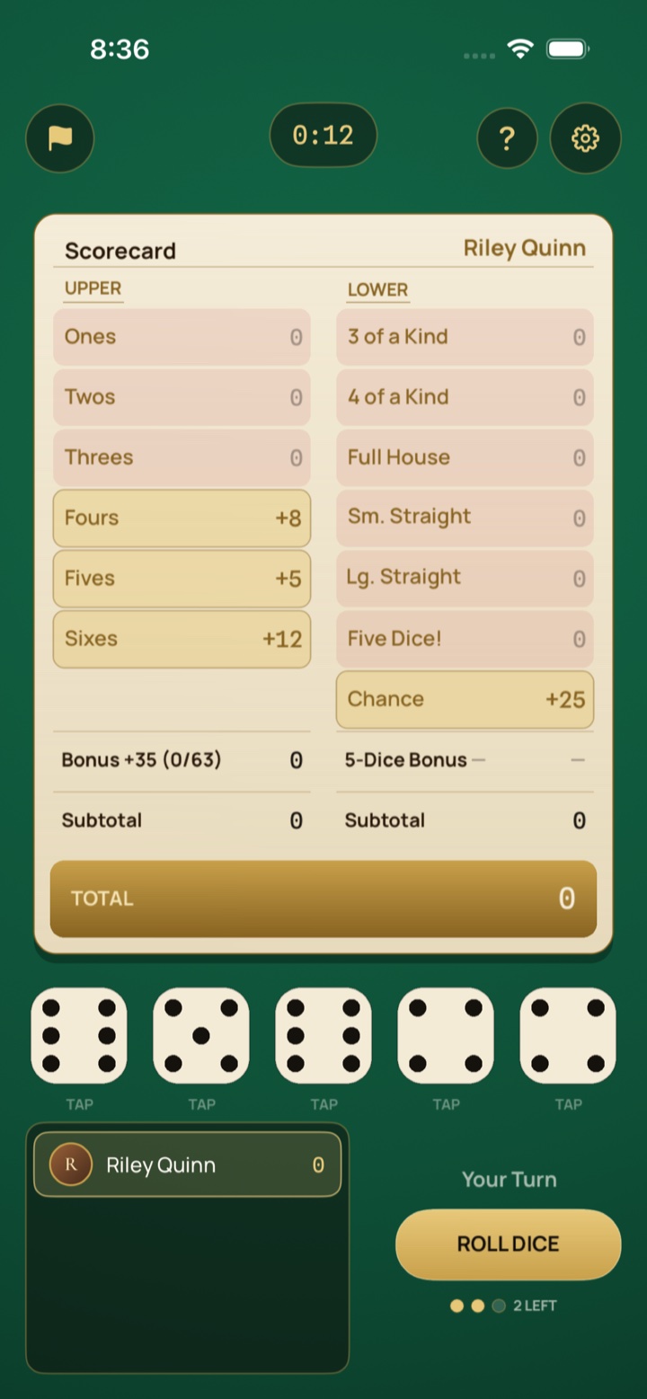 Five Die Faceoff — dice game in progress