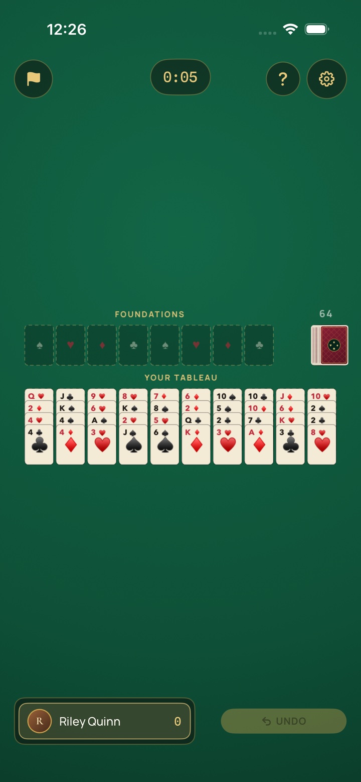 Forty Thieves solitaire — ten columns of the two-deck deal under eight foundations
