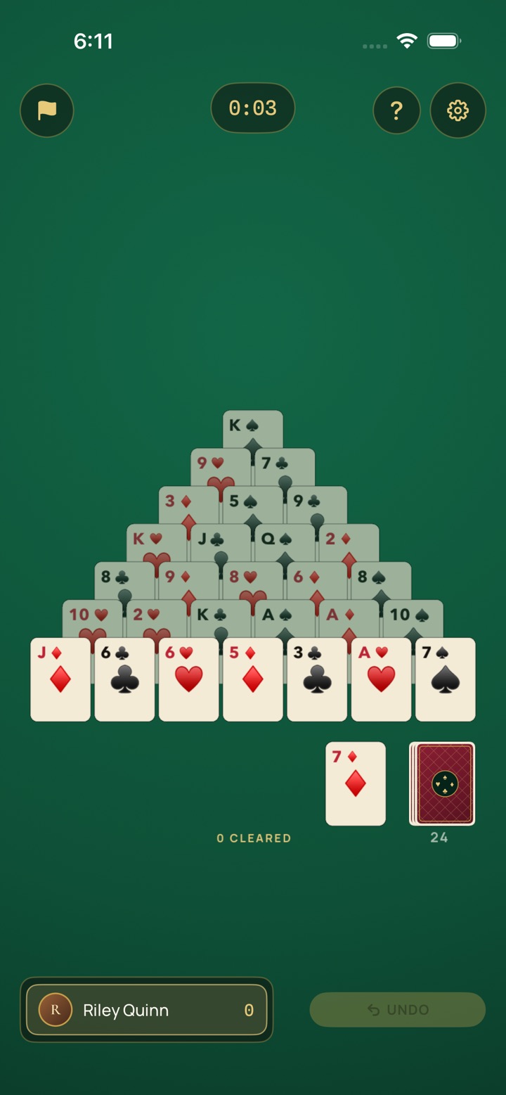 Pyramid solitaire in Shuffle & Roll Online — a seven-row pyramid over the stock and waste