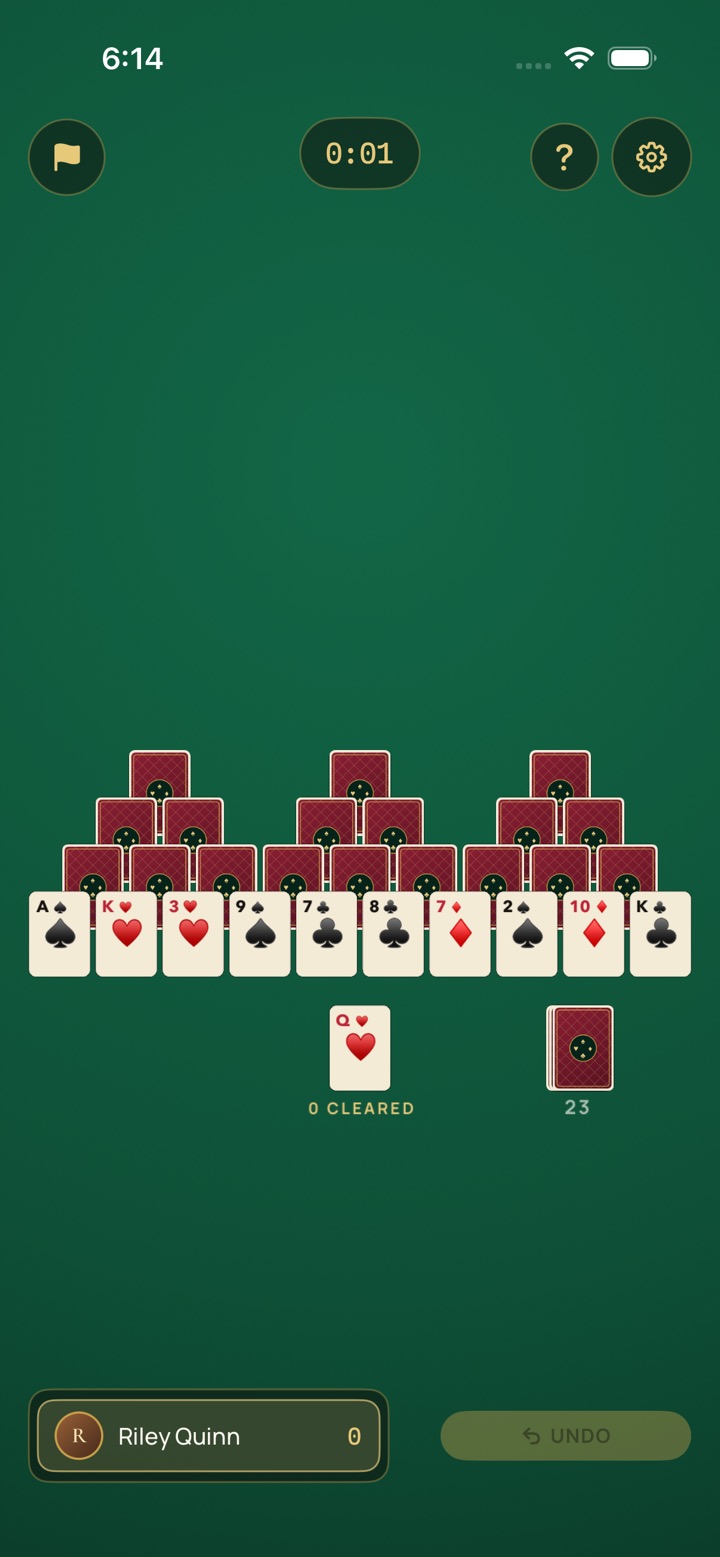 Tri Peaks solitaire in Shuffle & Roll Online — three peaks over a face-up bottom row, stock and waste below